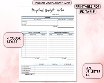 May include: Printable budget tracker in PDF format. The tracker is divided into sections for income, fixed expenses, variable expenses, and a summary section. The tracker is designed to help users track their income and expenses and create a budget.