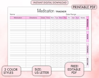 Medication Tracker, Medication Log, Medicine Tracker, Supplement Tracker, Medical Tracker, Weekly Medication Tracker