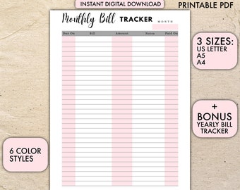 Monthly Bill Tracker, Bill Tracker, Monthly Bill Tracker Printable, Bill Payment Tracker, Bill Payment Checklist, Monthly bill Log