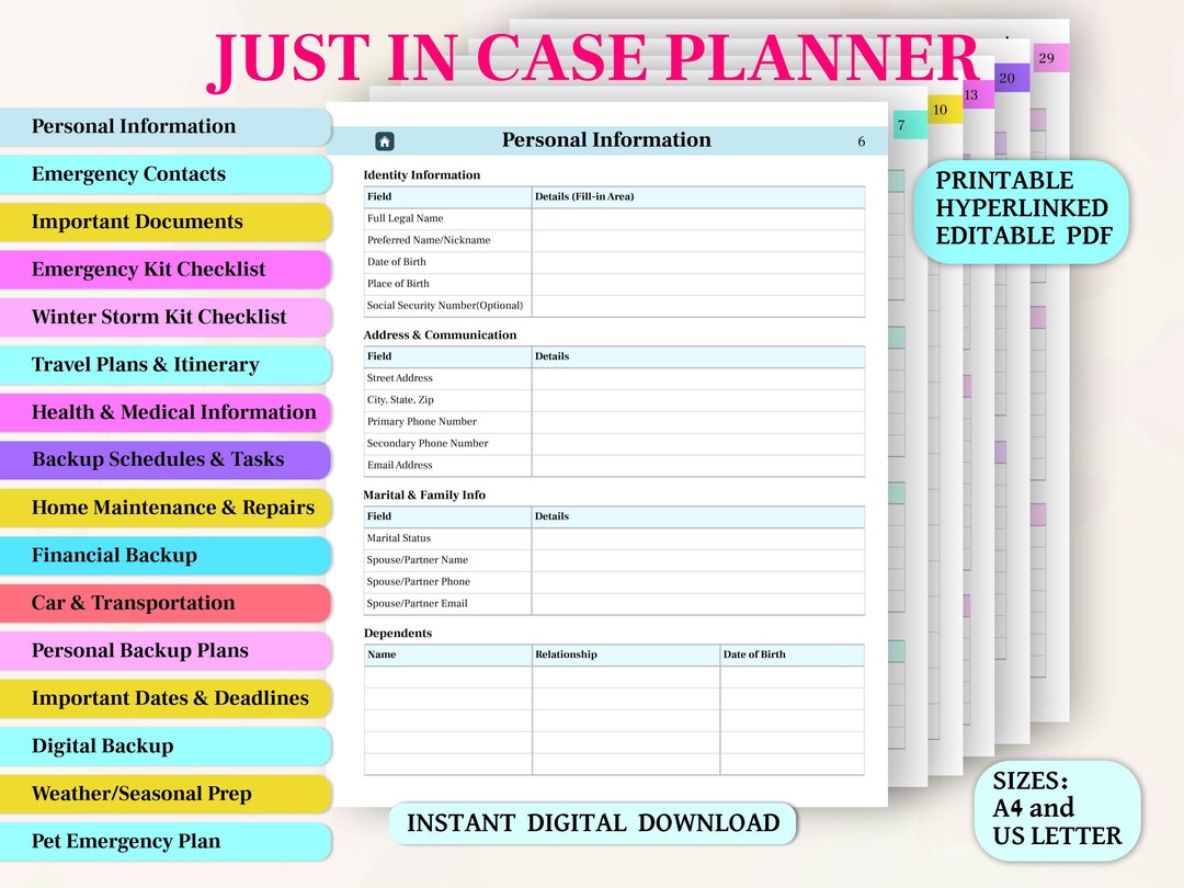 Just in Case Planner Binder, Emergency Preparedness Printable Editable ...