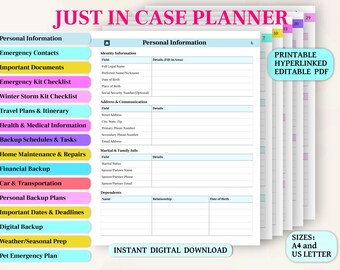 Just in Case Planner Binder, Emergency Preparedness Printable Editable, Life Backup Kit, Health, Finance, Travel, Pet and Digital Checklists