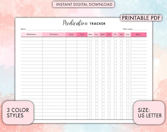 Medication Tracker, Medication List, Medication Log, Medicine Tracker, Suplement Tracker, Medical Tracker, Daily Medication Log
