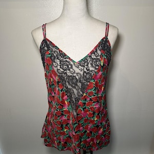 Vintage 90s Victoria&#39;s Secret Lace TULIP FLORAL Print Lingerie Slip Night Gown