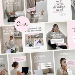 Pode incluir: Uma coleção de modelos para redes sociais com uma paleta de cores rosa suave e tons neutros. Os gráficos incluem sobreposições de texto como 'Canva', 'your content should not just sell', 'how to grow a personal brand' e 'what makes content work'.