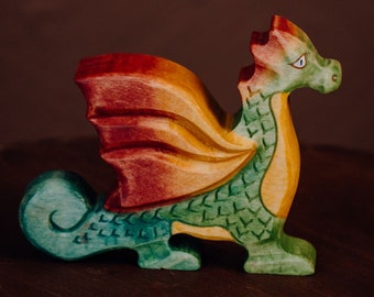 Wooden dragon figure toy with carved details (small)