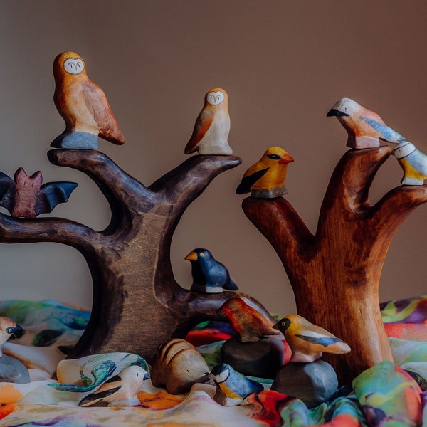 Wooden garden birds and night animals figure set, handmade toy