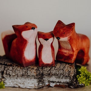 Wooden fox figure set, handmade toy