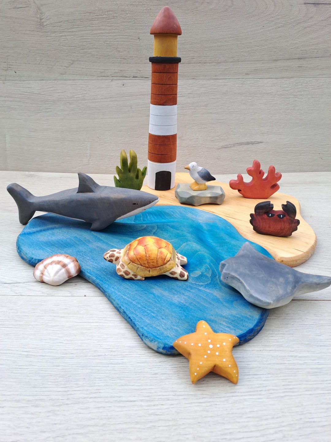 Sea Container Toy Marine Themed Toy Set, Sea Animal Wood Figures With 3D Wave Terrain - Etsy