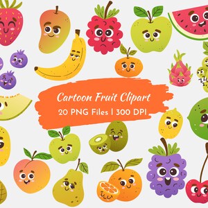 20 Cute Cartoon Fruits Clipart, Bundle de Fruits artificiels, Summer Fruit Clipart, Education, Project Clipart Instant Download, Commercial Use