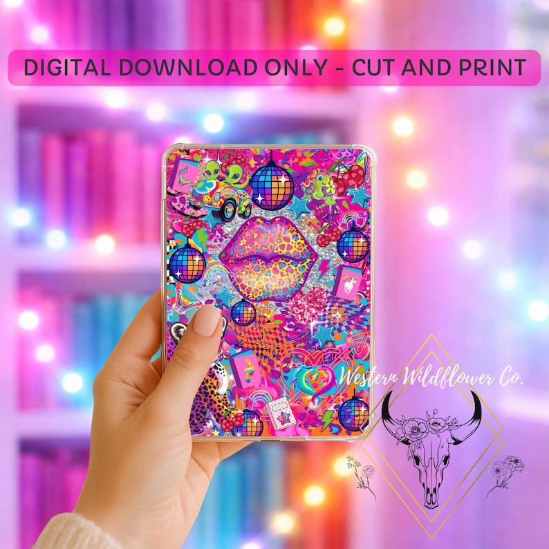 May include: A clear phone case with a vibrant, colorful design featuring lips, disco balls, stars, and alien figures. The case has the text "DIGITAL DOWNLOAD ONLY - CUT AND PRINT" at the top. The design is a collage of bright colors and patterns.