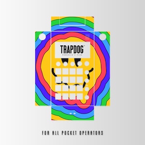 May include: A vibrant graphic design with the text "TRAPDOG" and "FOR ALL POCKET OPERATORS." The design features a yellow background, a grid of white squares, and concentric rings in rainbow colours.