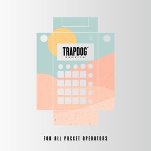 May include: A box with a light blue, yellow, and pink design. The box has a white grid with 16 squares and the text "TRAPDOG PRODUCER'S PLUG" in black. The text "FOR ALL POCKET OPERATORS" is printed in black at the bottom of the box.