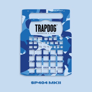 May include: A blue and white camouflage design overlayed on a black and white image of a sampler, the SP404 MKII, with the text "TRAPDOG PRODUCER'S PLUG" in white.