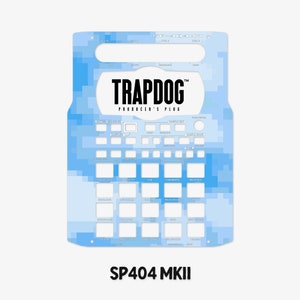 May include: A blue and white pixelated design skin for the Roland SP-404 MKII sampler. The skin features the text "TRAPDOG PRODUCER'S PLUG" in black.