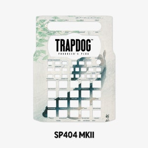 May include: A white and green patterned skin for the Roland SP-404 MKII sampler. The skin features a Japanese-inspired design with a koi fish and floral elements. The text "TRAPDOG PRODUCER'S PLUG" is printed in black at the top of the skin.