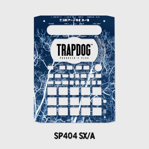 May include: A blue and white patterned skin for the Roland SP-404 sampler. The skin features a design of white branches on a dark blue background. The text "TRAPDOG PRODUCER'S PLUG" is printed in black on the skin.