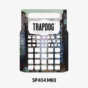 May include: A black and white graphic design with an abstract cityscape background. The design features the text "TRAPDOG PRODUCER'S PLUG" and the words "SP404 MKII".