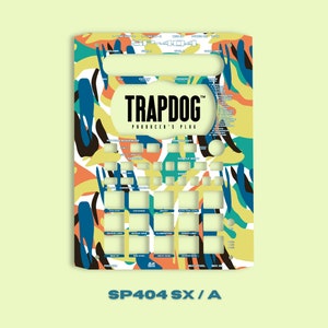May include: A white SP404 SX sampler with a colourful abstract design. The design features yellow, blue, orange, and black shapes. The text "TRAPDOG PRODUCER'S PLUG" is printed in black on the sampler.