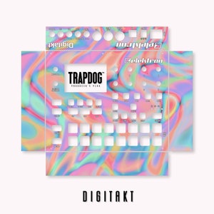 以下が含まれることがあります： Elektron Digitakt サンプラー用のピンク、ブルー、グリーンの虹色のスキン。スキンには「TRAPDOG」と「PRODUCER'S PLUG」の文字が書かれています。