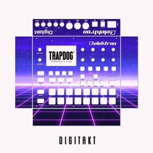 以下が含まれることがあります： Elektron Digitakt ドラムマシン用のパープルとブルーをテーマにしたスキン。スキンは、グリッドパターンと「TRAPDOG PRODUCER'S PLUG」というテキストを備えたレトロフューチャーなデザインです。