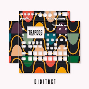 以下が含まれることがあります： Elektron Digitakt ドラムマシン用の黒と黄色のパターン付きスキン。スキンは、オレンジ、イエロー、グリーン、ブルーの色合いの丸みを帯びた形をした幾何学的なデザインを採用しています。テキスト「TRAPDOG」は、黒い背景に白い文字で印刷されています。