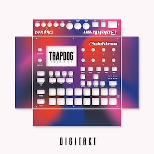 May include: A pink, blue, and purple gradient Elektron Digitakt sampler with a white overlay featuring the text "TRAPDOG" and "PRODUCER'S PLUG".