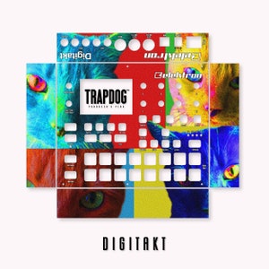 以下が含まれることがあります： Elektron Digitakt サンプラー用のカラフルなスキンで、赤、黄、青、緑のカラーリングの猫のデザインが特徴です。スキンには「TRAPDOG PRODUCER'S PLUG」のテキストが含まれています。
