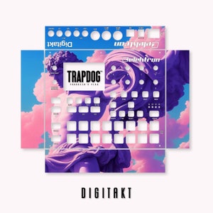 以下が含まれることがあります： 雲を背景に女性像が描かれた、紫とピンクのデジタルアートデザイン。Elektron Digitaktという音楽サンプラー用です。デザインには「TRAPDOG PRODUCER'S PLUG」というテキストが表示されています。