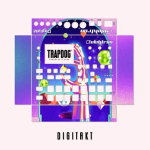Könnte beinhalten: Ein farbenfrohes Grafikdesign für einen Elektron Digitakt Music-Sampler. Das Design zeigt eine Hand, die aus einem schwarzen Loch ragt, mit einem lila, blauen und rosa Hintergrund. Der Text "TRAPDOG PRODUCER'S PLUG" befindet sich in einem weißen Kasten oben links.