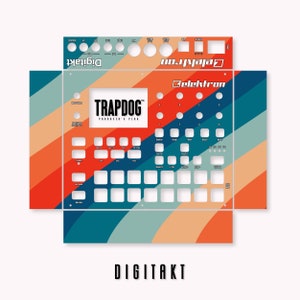 以下が含まれることがあります： 青、オレンジ、緑のストライプのElektron Digitaktサンプラーで、白いボックスに「TRAPDOG」というテキストが書かれています。「PRODUCER'S PLUG」というテキストは「TRAPDOG」テキストの下にあります。