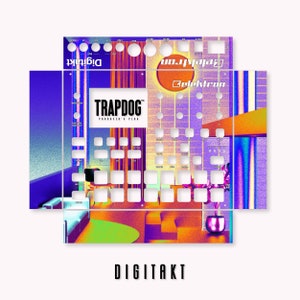 以下が含まれることがあります： 紫、青、オレンジ、緑のカラーリングで、Elektron Digitaktミュージックサンプラー用のカラフルなデザイン。デザインは、ソファ、カーテン、植物のある部屋を特徴としています。デザインの中央には「TRAPDOG」の文字があります。