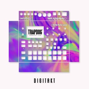 以下が含まれることがあります： Elektron Digitakt サンプラー用の紫、ピンク、青の虹色のスキン。スキンには「TRAPDOG PRODUCER'S PLUG」の文字が書かれています。