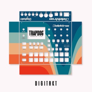 以下が含まれることがあります： Elektron Digitakt ドラムマシン用の青、オレンジ、緑のカスタムスキン。スキンは波状のデザインと「TRAPDOG PRODUCER'S PLUG」のテキストが特徴です。