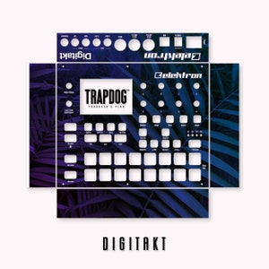 以下が含まれることがあります： Elektron Digitakt ドラムマシン用の青と紫の熱帯の葉のデザインのスキ​​ン。スキンには「TRAPDOG PRODUCER'S PLUG」というテキストが書かれています。