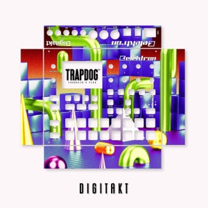 May include: A colorful geometric design skin for the Elektron Digitakt sampler, featuring a blue, green, and yellow color scheme with the text "TRAPDOG PRODUCER'S PLUG" and "Elektron Digitakt".
