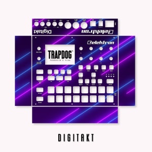 以下が含まれることがあります： ネオンピンクとブルーのデザインが施されたカスタムスキンを備えた、パープルとブラックのElektron Digitaktドラムマシン。スキンには「TRAPDOG PRODUCER'S PACK」の文字が書かれています。