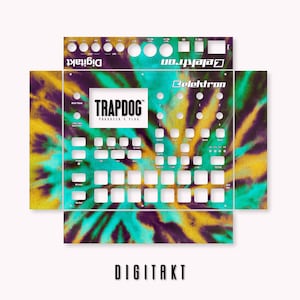 以下が含まれることがあります： Elektron Digitakt サンプラー用のタイダイ柄スキンで、白のアウトラインで紫、黄、ターコイズのカラーリングが施されています。スキンには「TRAPDOG PRODUCER'S PLUG」のテキストとElektronのロゴが含まれています。