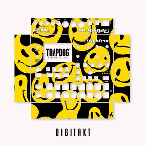 以下が含まれることがあります： Elektron Digitakt 用の黒と黄色のスマイリーフェイス柄のスキ​​ン。スキンには「TRAPDOG」と「PRODUCER'S PLUG」のテキストが記載されています。