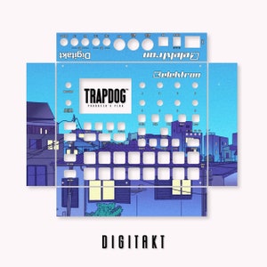 以下が含まれることがあります： Elektron Digitakt サンプラー用の青と白の カスタムスキンで、街並みのイラストと「TRAPDOG PRODUCER'S PLUG」のテキストが描かれています。