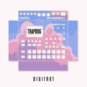 May include: A pink and blue custom skin for the Elektron Digitakt drum machine. The skin features a cloud design with the text "TRAPDOG PRODUCER'S PLUG" in a white box.
