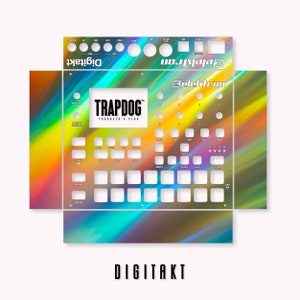 Könnte beinhalten: Eine farbenfrohe Haut für den Elektron Digitakt Sampler, mit einem Regenbogen-Verlaufsdesign und dem Text "TRAPDOG PRODUCER'S PLUG" in Weiß.