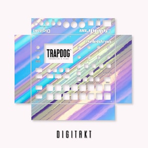 May include: A holographic skin for the Elektron Digitakt sampler, featuring a blue, purple, and pink color scheme with a diagonal stripe pattern. The skin includes the text "TRAPDOG" and "PRODUCER'S PLUG".