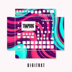 May include: A pink, blue, and purple abstract swirl design skin for the Elektron Digitakt drum machine. The skin features the text "TRAPDOG" and "PRODUCER'S PLUG".