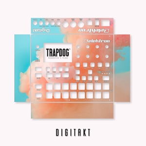 May include: A pink and blue watercolor design skin for the Elektron Digitakt sampler. The skin features the text "TRAPDOG" and "PRODUCER'S PLUG".