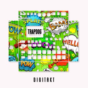 以下が含まれることがあります： Elektron Digitakt ドラムマシン用の緑、黄、赤、青のコミック風スキン。スキンには「TRAPDOG PRODUCER'S PLUG」というテキストと、「SPLAT！」や「BAM！」などのさまざまなコミック風効果音が含まれています。