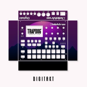 以下が含まれることがあります： 紫と黒のElektron Digitaktサンプラーで、山脈と夕焼けのグラフィックが描かれています。画面には「TRAPDOG PRODUCER'S PLUG」というテキストが表示されています。