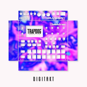 May include: A purple and blue abstract design skin for the Elektron Digitakt drum machine. The skin features the text "TRAPDOG" and "PRODUCER'S PLUG".
