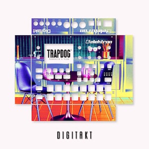 May include: A colorful skin for the Elektron Digitakt sampler, featuring a retro kitchen scene with a table and chairs. The skin has the text "TRAPDOG" and "PRODUCER'S PUNK" on it.