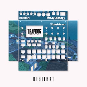 以下が含まれることがあります： Elektron Digitakt サンプラー用の青と白の カスタムスキンで、夜に日本の都市を描き、中央に「TRAPDOG PRODUCER'S PLUG」の文字が書かれています。