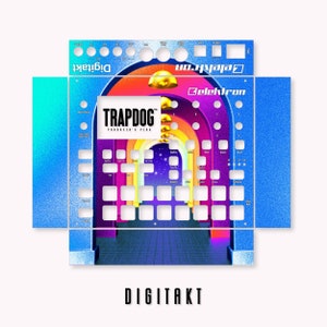 以下が含まれることがあります： Elektron Digitakt サンプラー用のカラフルなスキンで、虹色のアーチのデザインと「TRAPDOG PRODUCER'S PLUG」のテキスト、Elektron のロゴが特徴です。